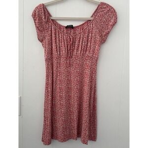 Bershka Floral Milkmaid Mini Dress Medium Red White Ditsy Ruched Bust